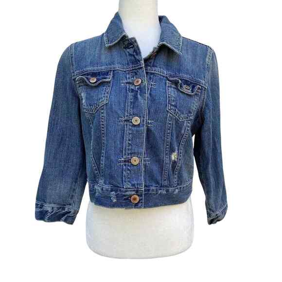 American Eagle Denim Trucker Jacket Womens Large‎ Blue Jean Distressed - Picture 1 of 10